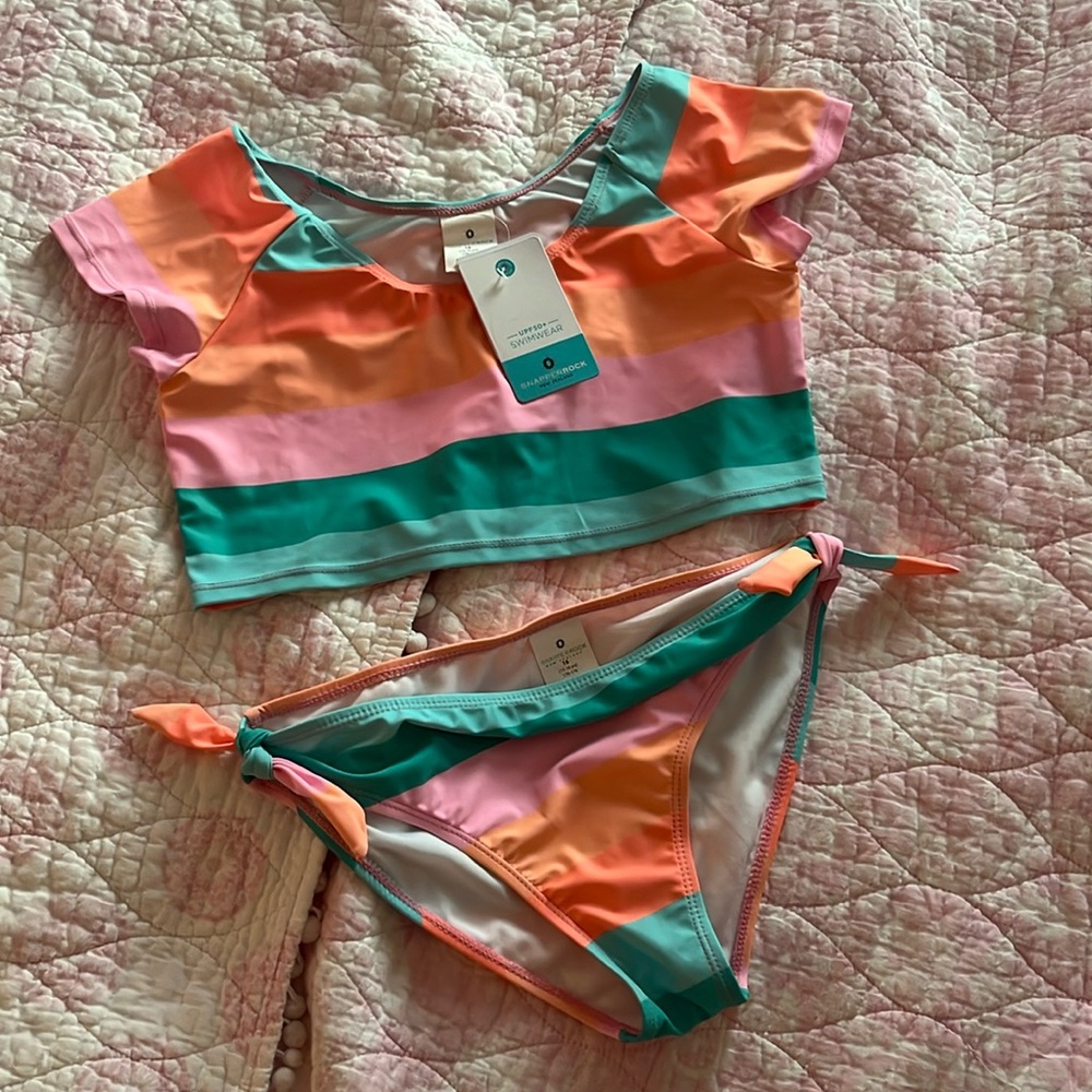 SNAPPER ROCK GIRLS CROP RASH TOP TWO PIECE SWIMSUIT - SUNSET STRIPES